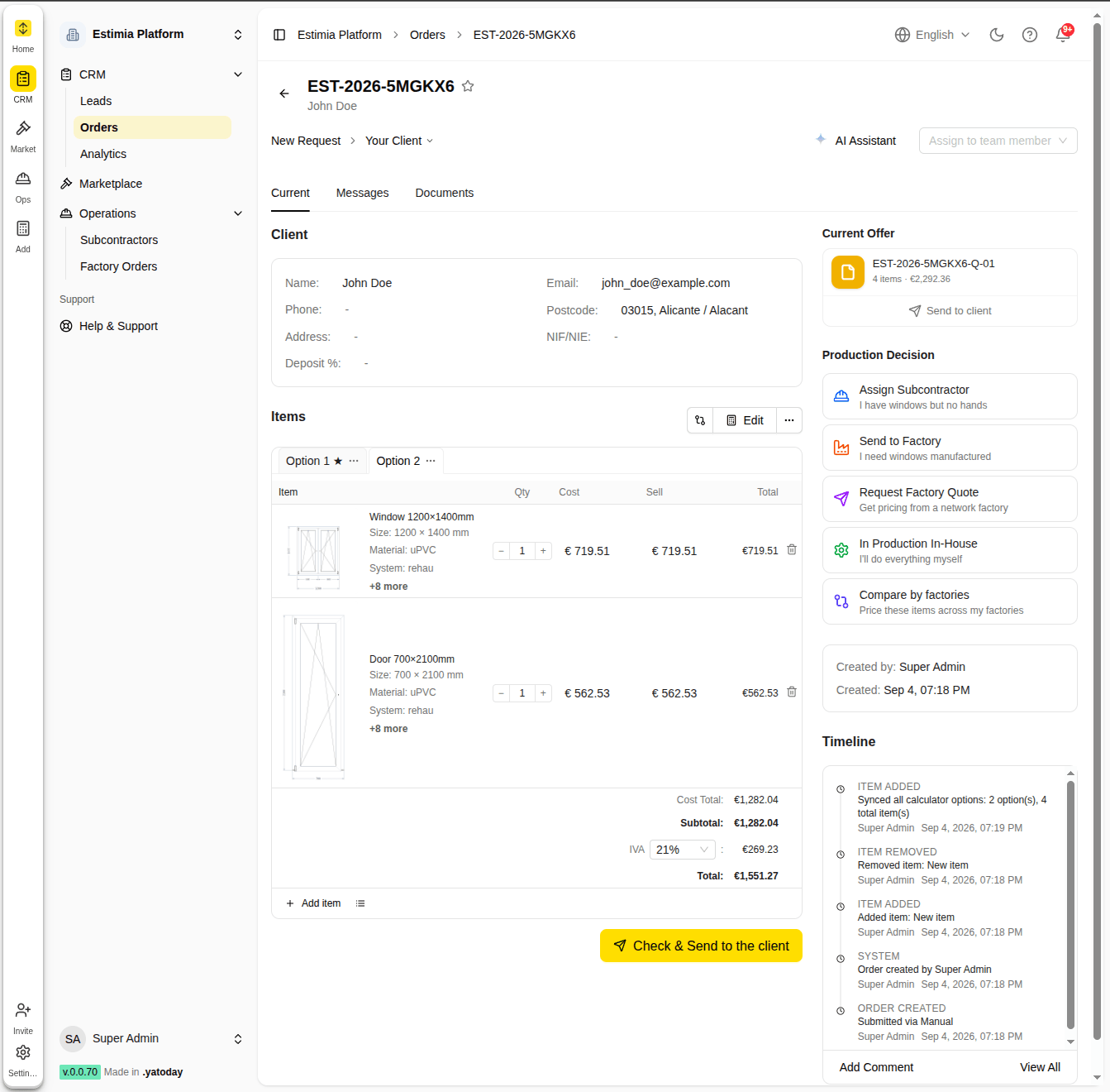 Estimia CRM: an order card with line items, quote options and the production decision panel